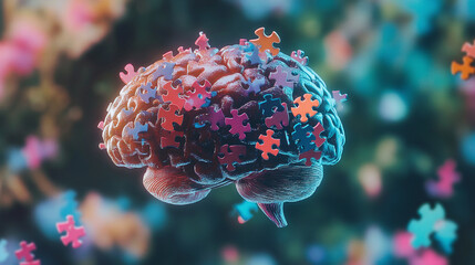 Silhouette of a head made of puzzle pieces, representing Alzheimer’s awareness, dementia, and mental health. Dark abstract background conveys complexity and emotion...