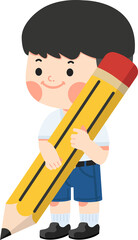 Fototapeta premium Cartoon boy holding a big pencil