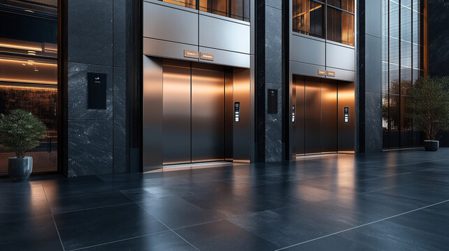 Modern lobby with polished floors and twin elevators with metallic doors in a contemporary building interior, featuring soft lighting and potted plants for decoration.