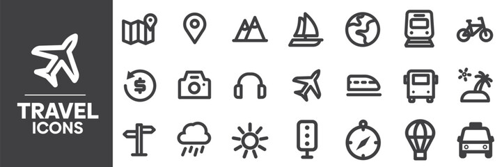 Fototapeta premium Travel Icons Set, Containing All Travel Icons Outlines, Vector Illustration Collection Editable eps10