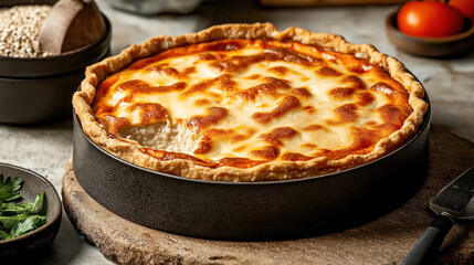 Close-up of a freshly baked deep dish pizza with golden melted cheese and tomato sauce in a round metal pan on a wooden board.