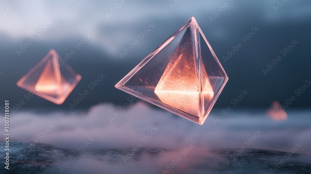 Poster two triangular shaped glass objects are floating in the air above a cloudy sky