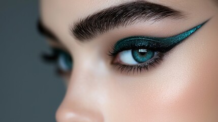 Naklejka premium A woman with green eyes and dark eyebrows is wearing blue eyeliner