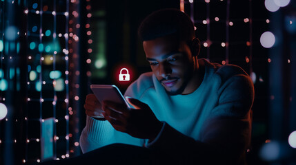 Cybersecurity Awareness: Man Using Smartphone with Secure Padlock Icon Overlay Amidst Nighttime Bokeh Lights