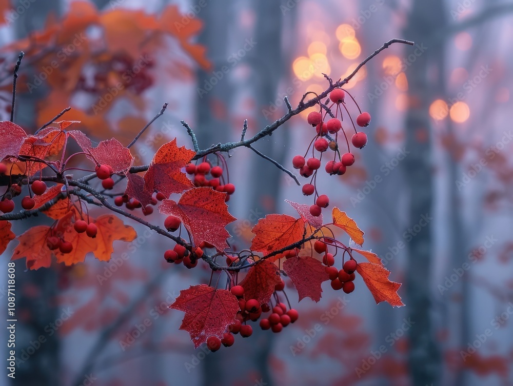 Poster captivating scene of red cedar branches adorned with scarlet leaves and glowing ember-like lights in