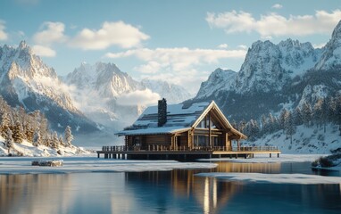 Obraz premium Mountain Serenity Home: A stylish wooden house set against the icy expanse of a frozen lake, with jagged alpine peaks in the background and fluffy snow blanketing the area. 