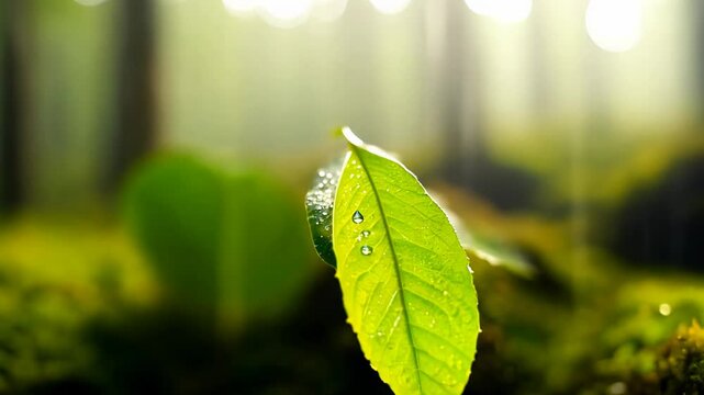 Close-up video of raindrop falling from leaf onto moss in bright daylight, zoom out camera movement.