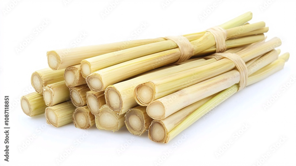 Poster isolated on white background lemongrass stalks stacked diagonally with their smooth textures highlig