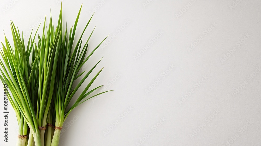 Poster Isolated on white background lemongrass stalks stacked diagonally with their smooth textures highlighted for an earthy aesthetic and side empty space for text Stockphoto style