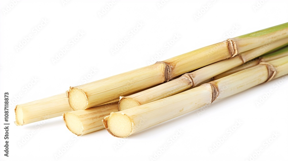 Poster Isolated on white background lemongrass stalks stacked diagonally with their smooth textures highlighted for an earthy aesthetic and side empty space for text Stockphoto style