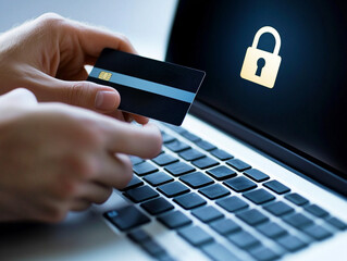 Secure Online Banking: Person Using Credit Card on Laptop with Digital Padlock for Internet Safety