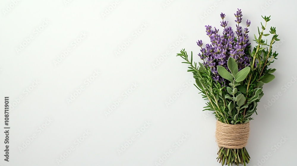 Poster isolated on white background bouquet of herbs including sage rosemary and thyme tied with twine for 