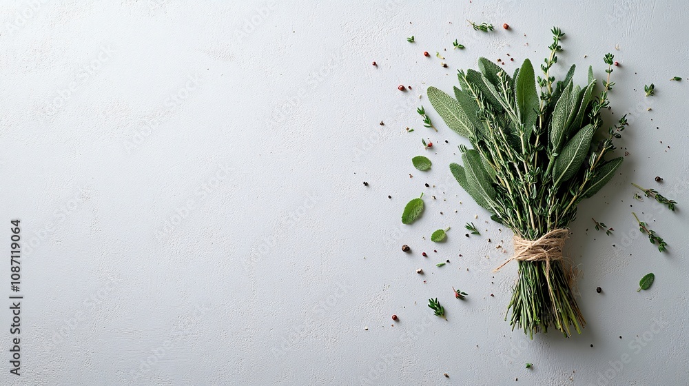 Poster Isolated on white background bouquet of herbs including sage rosemary and thyme tied with twine for a rustic presentation and side empty space for text Stockphoto style