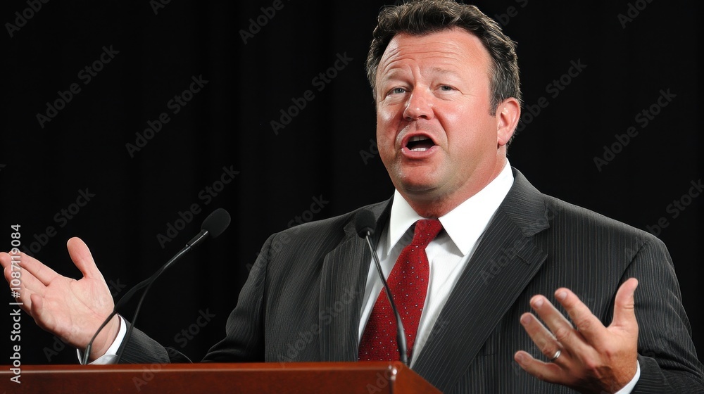 Poster a speaker gesturing while addressing an audience at an event.