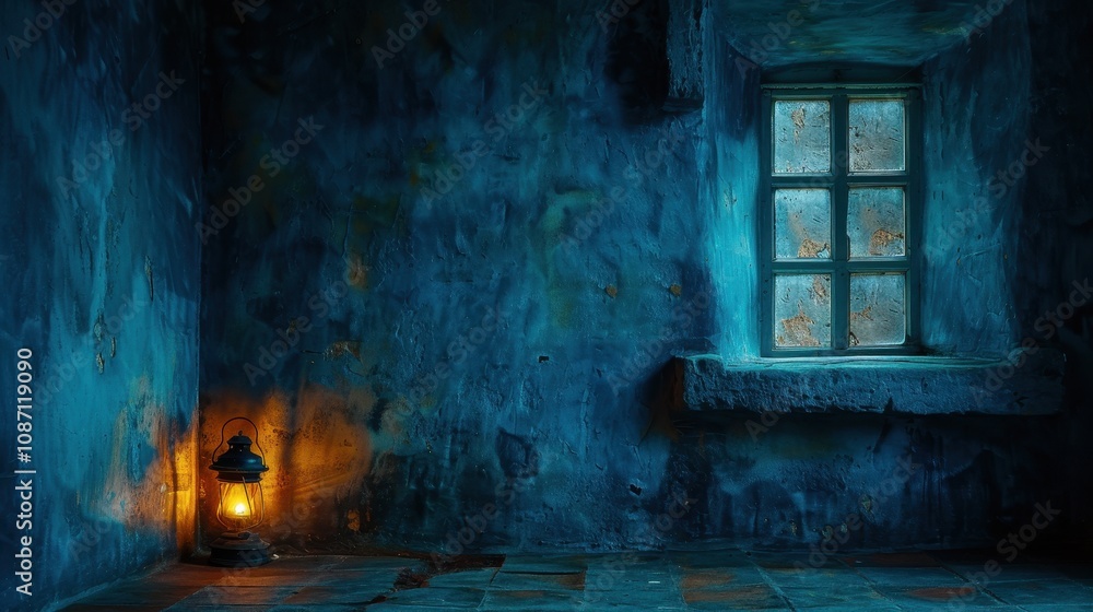 Poster A serene indigo room illuminated by a softly glowing lantern, creating a tranquil atmosphere within an empty space at night.