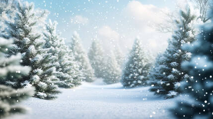 Winter Wonderland: Serene Snow-Covered Pine Trees and Glistening Snowflakes in a Tranquil Forest Landscape. Perfect for Seasonal Backgrounds or Festive Projects