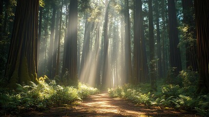 Obraz premium Serenity in Nature: Sunlight Streaming Through Majestic Forest