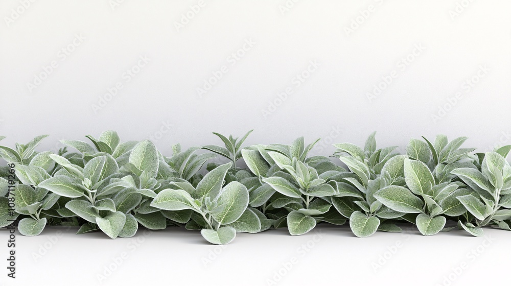 Poster Isolated on white background fresh sage leaves stacked in a cascading arrangement emphasizing their velvety textures and muted green tones and side empty space for text Stockphoto style