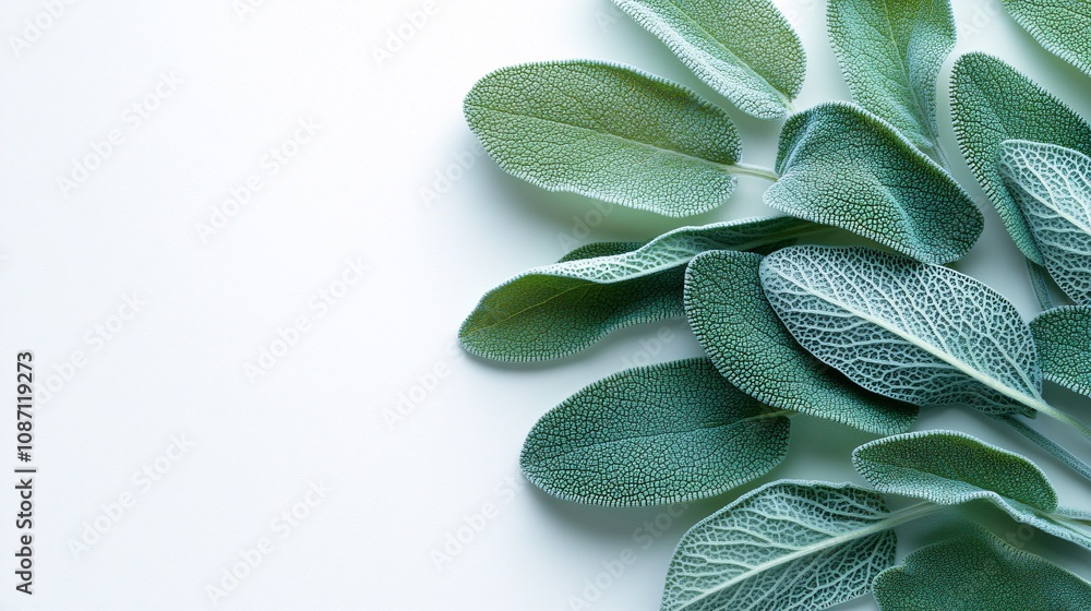 Poster Isolated on white background fresh sage leaves stacked in a cascading arrangement emphasizing their velvety textures and muted green tones and side empty space for text Stockphoto style