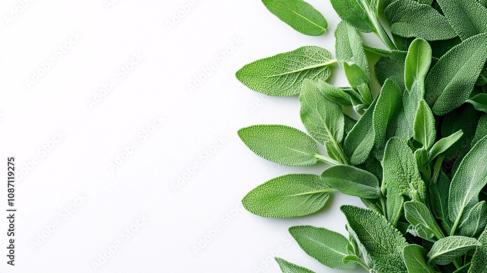 Poster Isolated on white background fresh sage leaves stacked in a cascading arrangement emphasizing their velvety textures and muted green tones and side empty space for text Stockphoto style