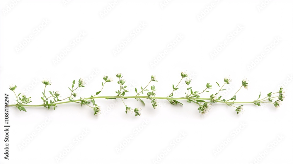 Poster isolated on white background sprigs of marjoram fanned out gently with a focus on their soft delicat