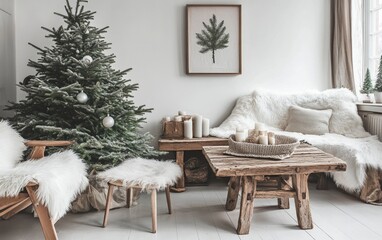 Scandinavian Christmas Interior: A minimalist space featuring a white and green Christmas tree, a rustic wooden table with simple holiday decorations, and cozy fur throws. 