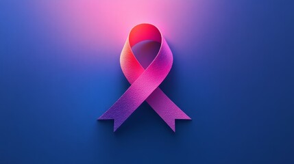 A vibrant pink ribbon representing solidarity and support for cancer awareness is displayed prominently against a gradient blue background