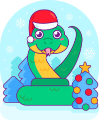 Green snake coiled in rings with Santa Claus hat on its head. Symbol of coming 2025 according to Chinese calendar. Cartoon vector illustration on blue snowy background