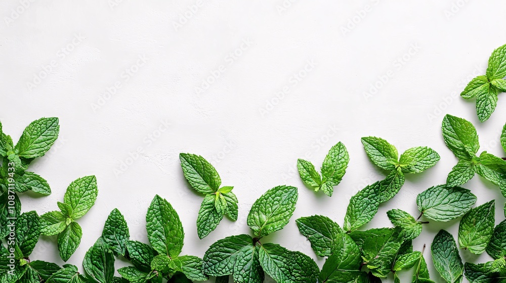 Poster Isolated on white background mint leaves arranged in a triangular shape to highlight their bright green tones and textured edges and side empty space for text Stockphoto style