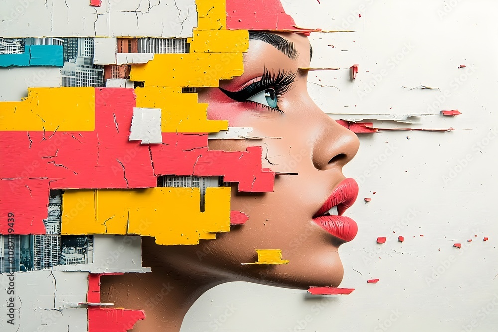 Poster retro pop art inspired portrait of a woman with fragmented neon tinged cityscape background hyper sa