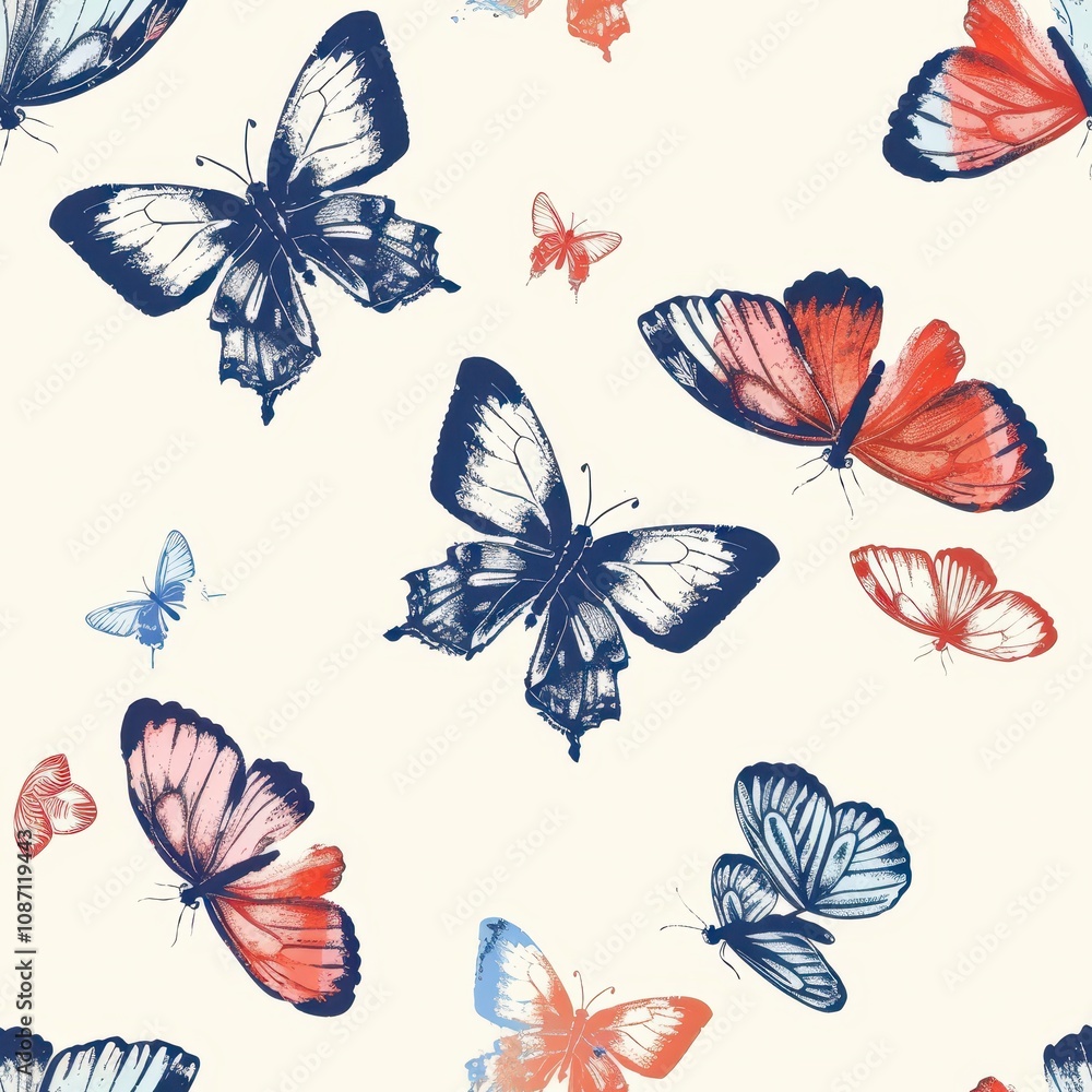 Poster minimal butterfly pattern seamless design for fabric, featuring colorful butterflies in various posi