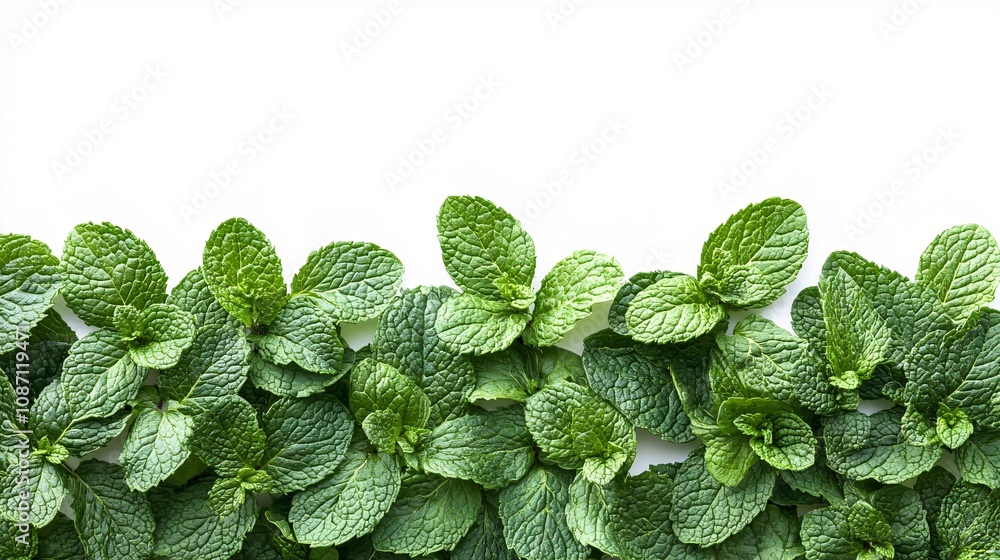 Poster Isolated on white background mint leaves arranged in a triangular shape to highlight their bright green tones and textured edges and side empty space for text Stockphoto style