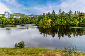 A view across the Glynmill pond on the Corner Brook Stream Trail at Corner Brook in Newfoundland, Canada in the fall