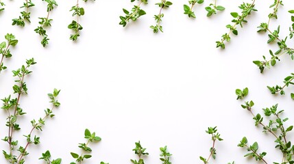 Isolated on white background sprigs of thyme laid out in an overlapping linear arrangement for a neat and fresh appearance and side empty space for text Stockphoto style