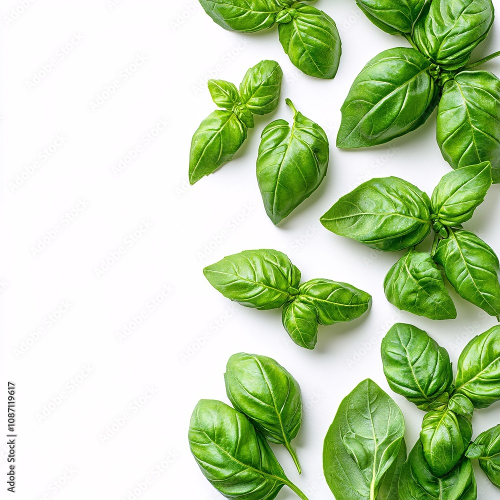 Aufkleber Isolated on white background basil leaves forming a symmetrical row with subtle shadowing to emphasize texture and freshness and side empty space for text Stockphoto style