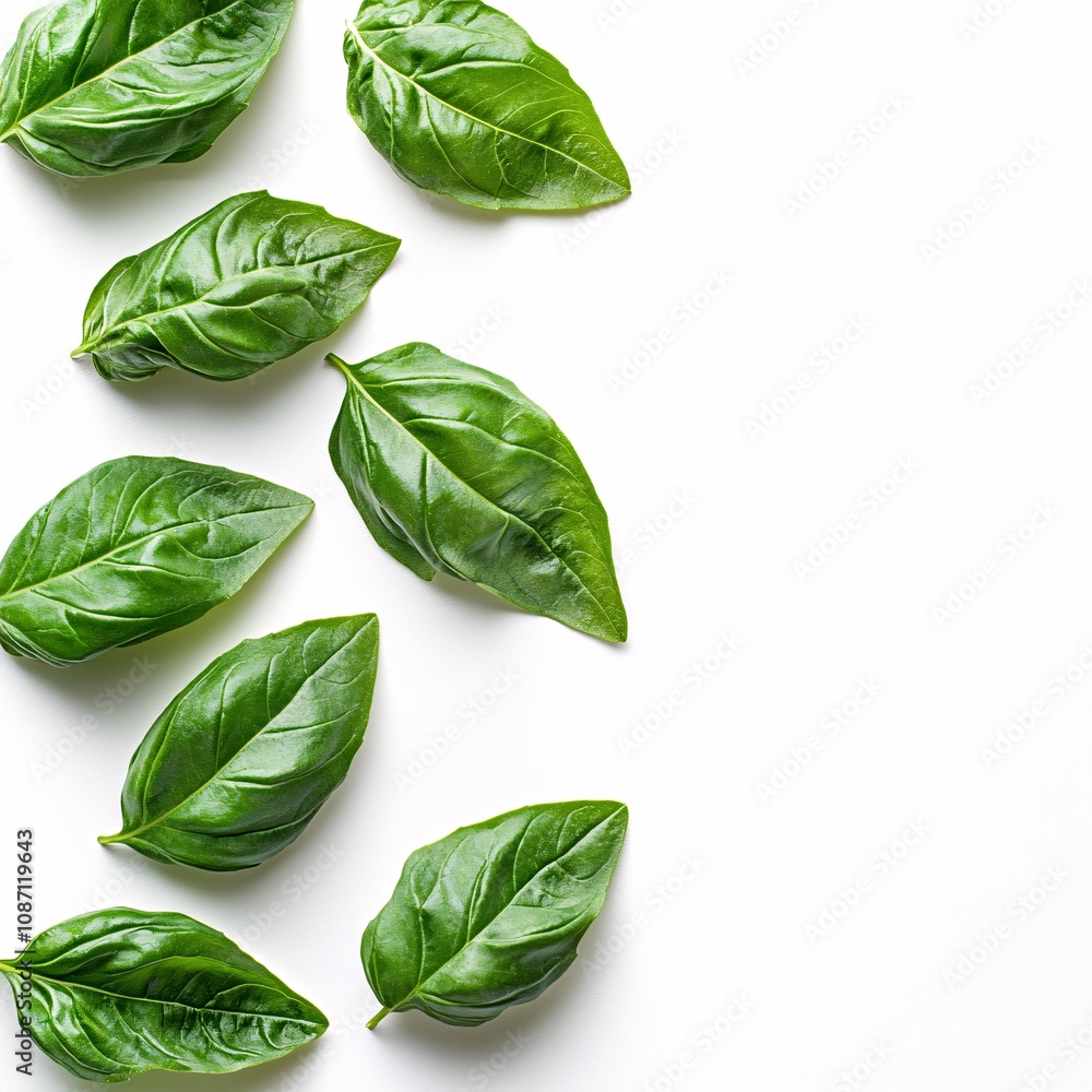 Aufkleber Isolated on white background basil leaves forming a symmetrical row with subtle shadowing to emphasize texture and freshness and side empty space for text Stockphoto style