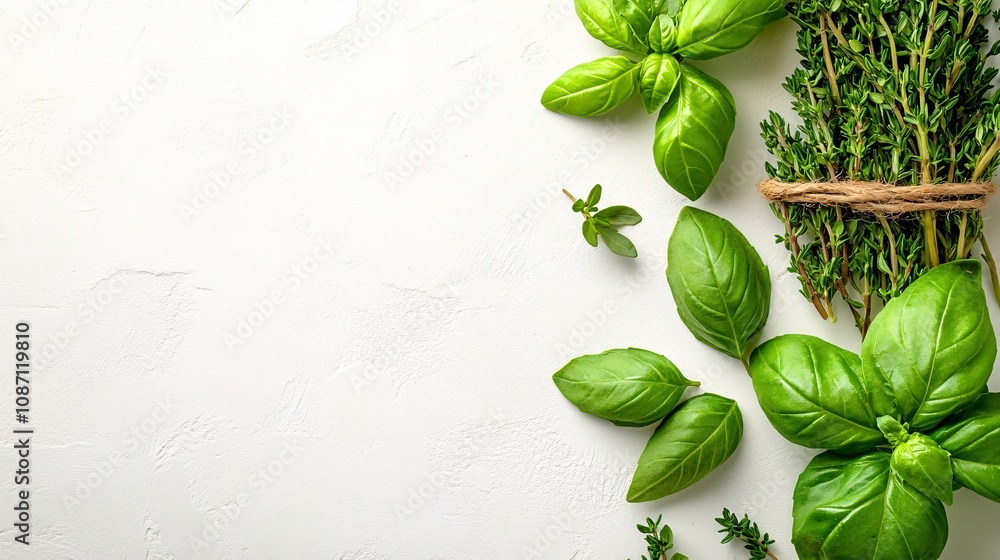 Poster Isolated on white background bundle of mixed fresh herbs neatly tied with string including basil rosemary and parsley for variety and vibrance and side empty space for text Stockphoto style