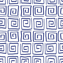 Square curl pattern and scribble sketch. Hand drawn blue pen or marker drawing. Primitive kids wallpaper