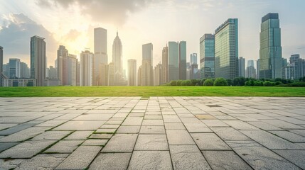 Empty square floor with city skyline background, Industrial chic skyline panorama, urban skyline backdrop
