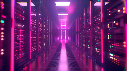 Obraz premium 3D Render of a Futuristic Server Room with Pink Neon Lights, Illuminated Data Center Corridor, Abstract Technology Background