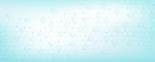 Modern health care or medical background design. Health care innovation concept. Horizontal header web banner. Abstract geometric background with hexagon shapes for medicine, science, chemistry.