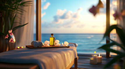 Luxury oceanfront spa with massage bed, tropical plants, and scenic view