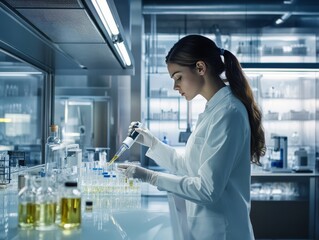 A young women chemist is standing in font of counter table in a modern lab interior. She is mixing something in the glass tube.