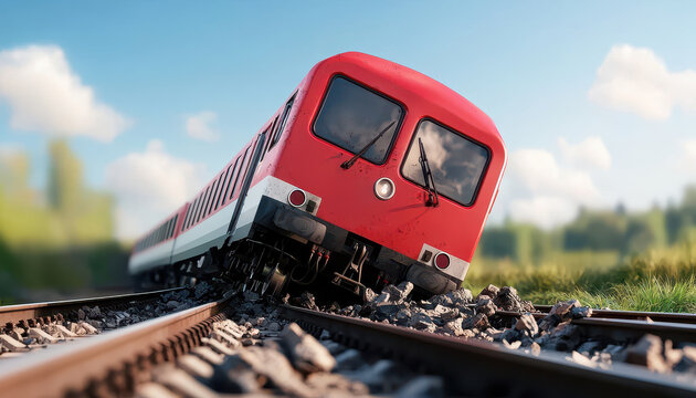 Train derailing off tracks, chaotic accident scene, 3D illustration