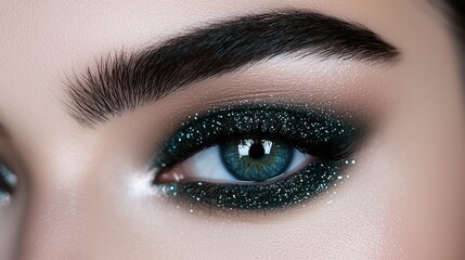 Naklejka premium A woman with green eyes and black eyebrows is wearing glitter eye makeup