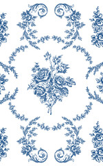 Toile de jouy pattern. Vector floral seamless antique pattern with big peony roses and leaves in blue color.
