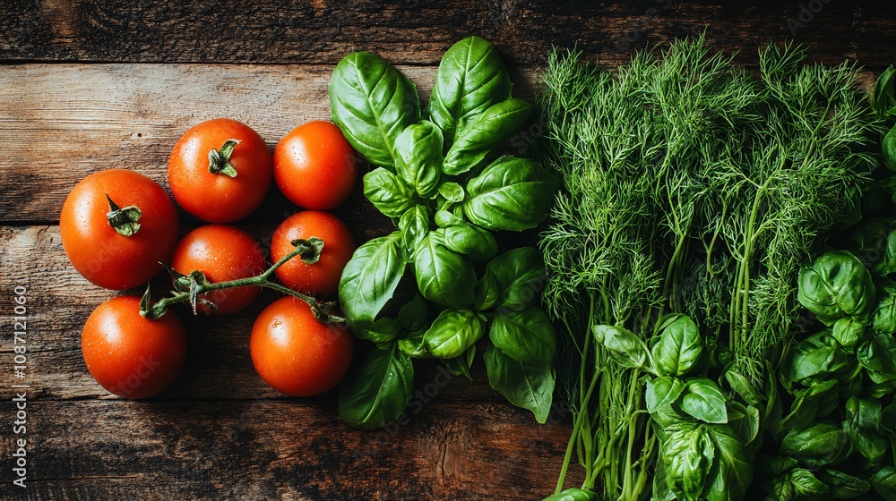 Poster Fresh cherry tomatoes on the vine nestled with sprigs of basil and dill on a rustic wooden surface with ample side empty space for text Stockphoto style