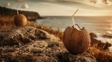 Young Coconuts Cracked Open on a Rocky Shore with Reusable Straws Enjoying a Serene Sunset Over the Ocean Waves and a Tranquil Beach Landscape