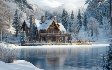 Traditional Alpine Lodge: A picturesque, old-style home with wooden beams and a snow-covered facade, overlooking a serene frozen lake, surrounded by frosty pine trees and rolling snowy hills.