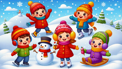 Fototapeta premium cheerful winter illustration featuring four happy children engaging in fun winter activities on a snowy hill